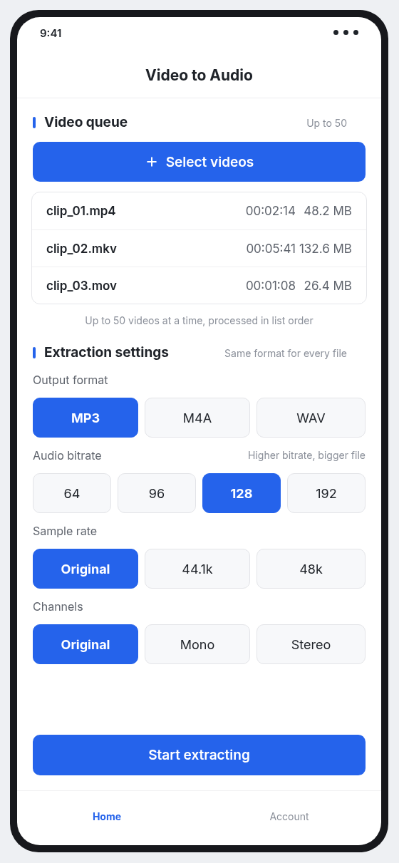 Video to Audio mobile app interface on Android